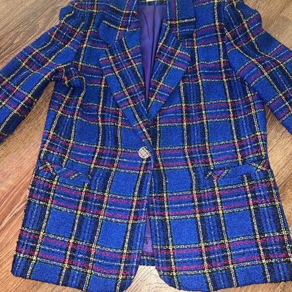 Vintage JR Bentley Blue Purple Plaide Blazer Wool Blend Size Medium one button - Picture 2 of 9